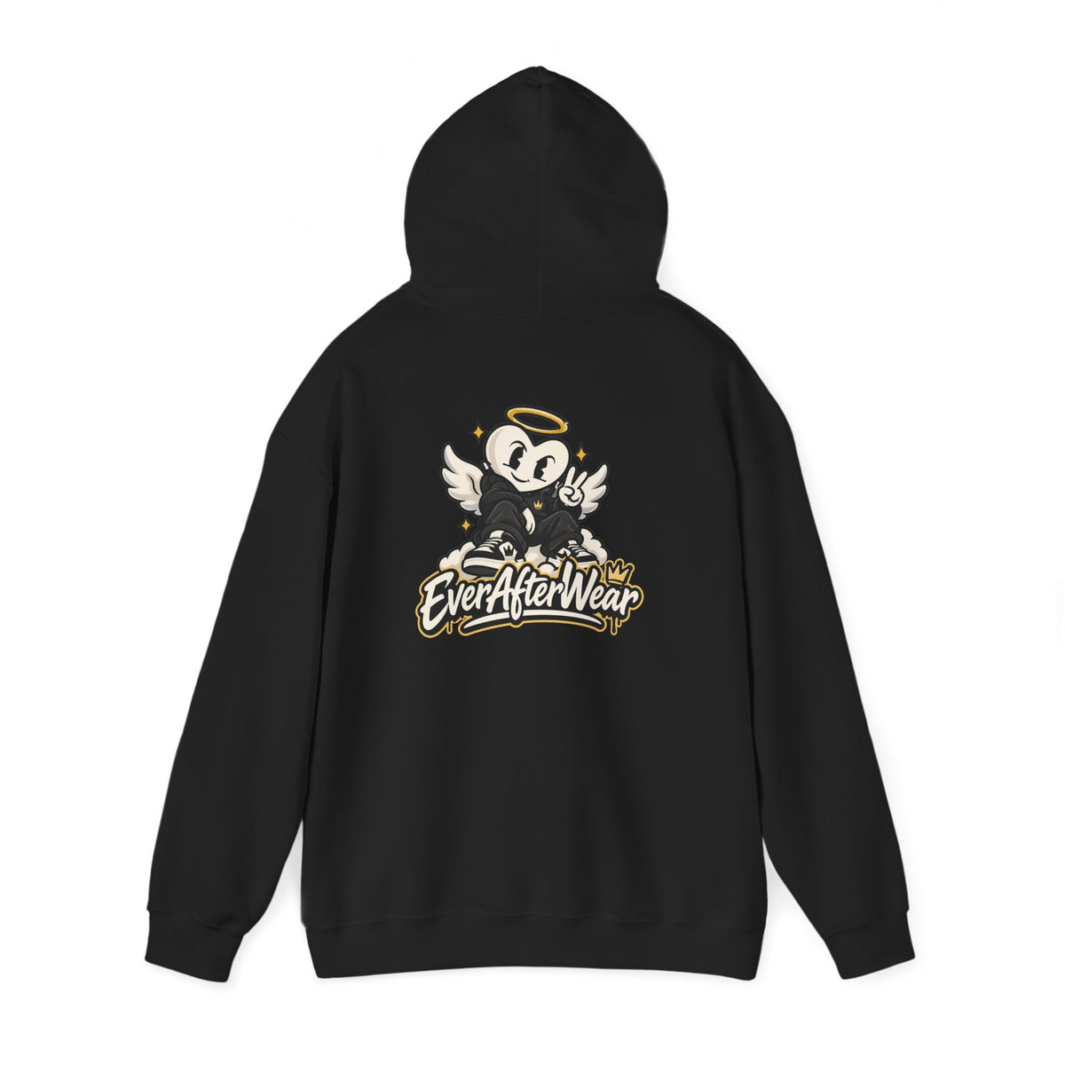 EverAfterWear Retro Cartoon Hoodie — Winged Character Logo hoodie - product mockup with gold streetwear design - alternate vi