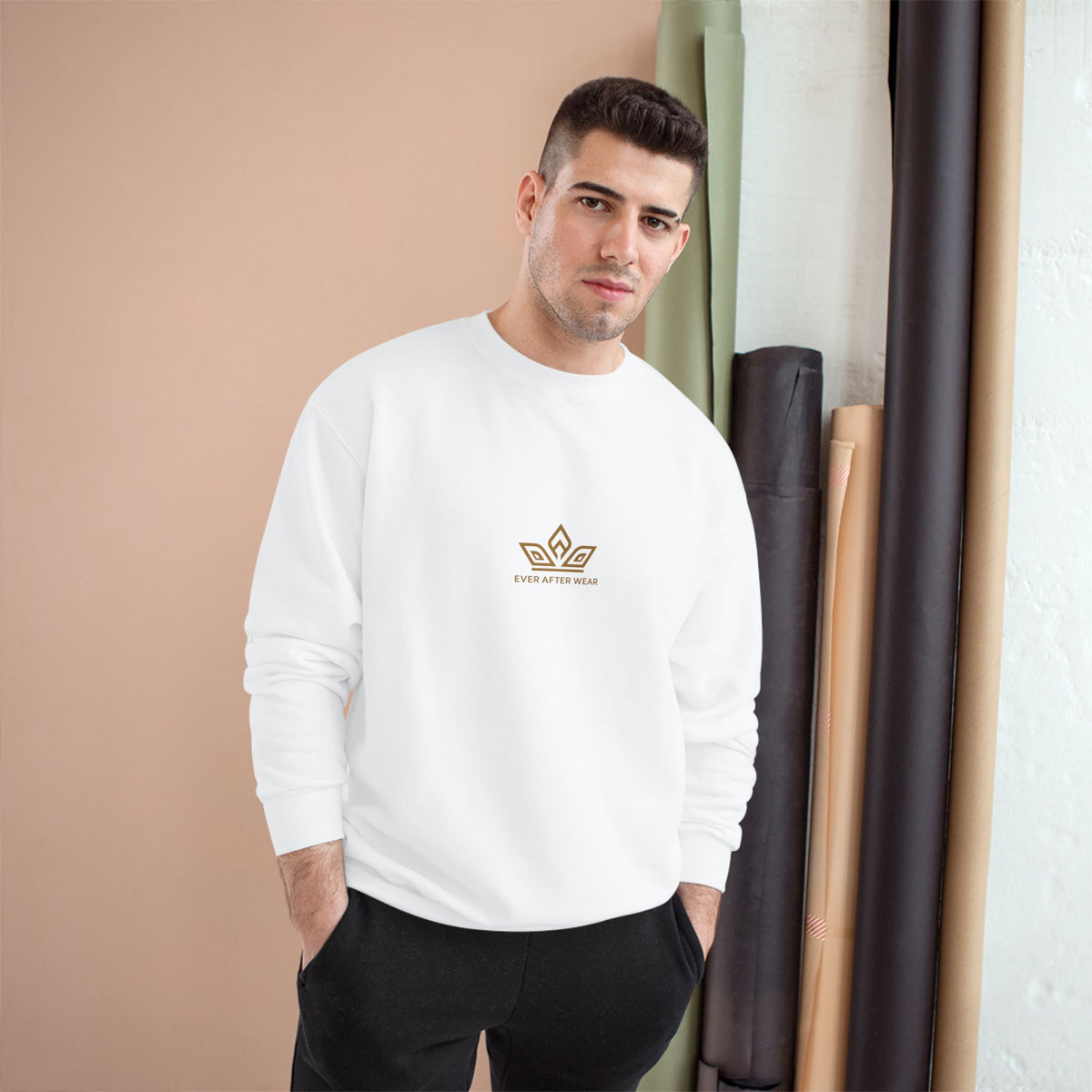 EverAfterWear Gold Crown Champion sweatshirt - product mockup with gold streetwear design - alternate view