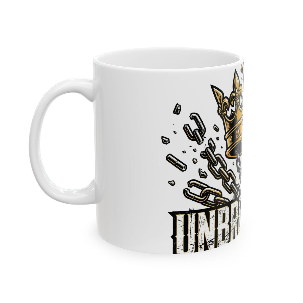 EverAfterWear Unbreakable Crown mug - ceramic coffee mug mockup with gold streetwear design - alternate view