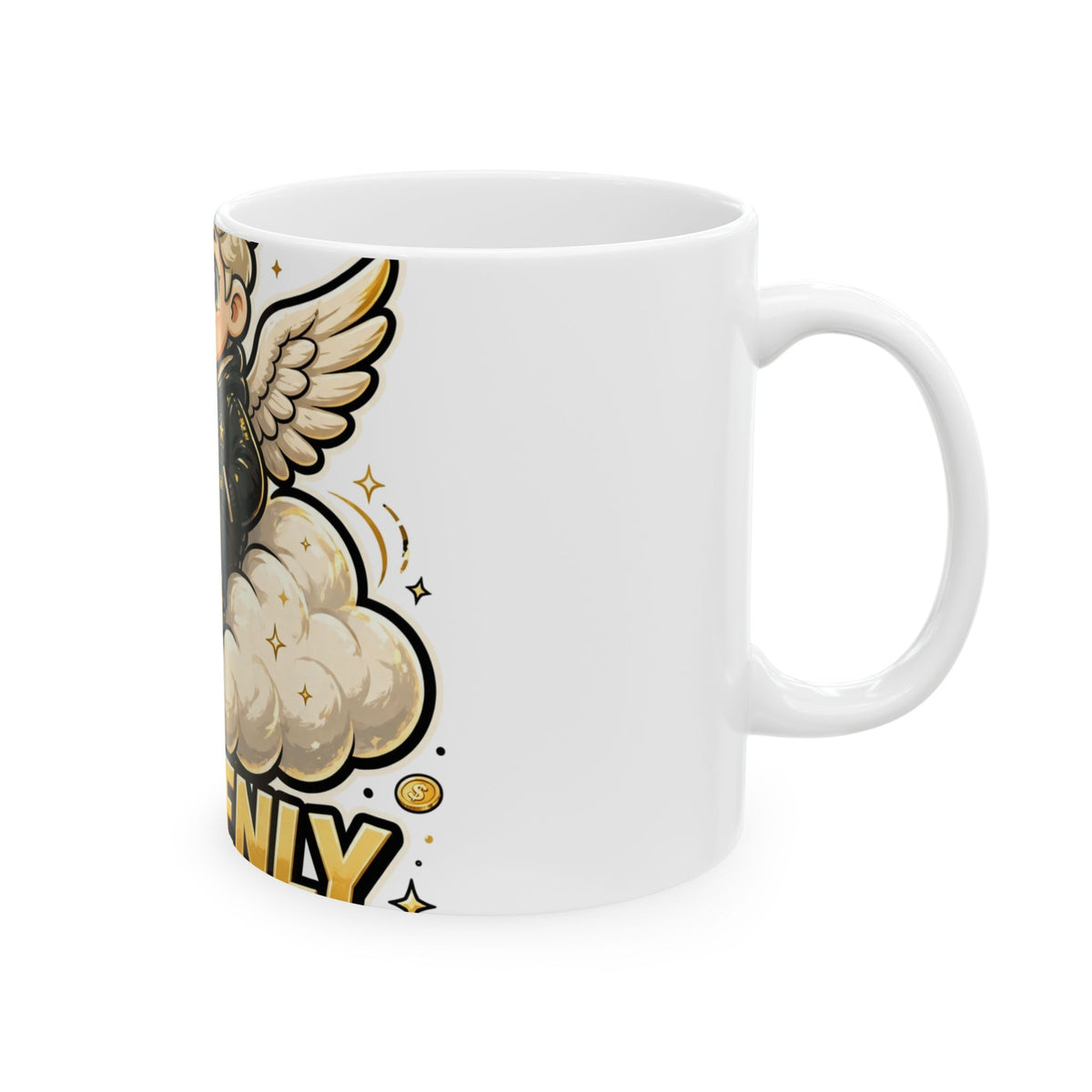 EverAfterWear Heavenly Hustle Angel mug - ceramic coffee mug mockup with gold streetwear design - alternate view