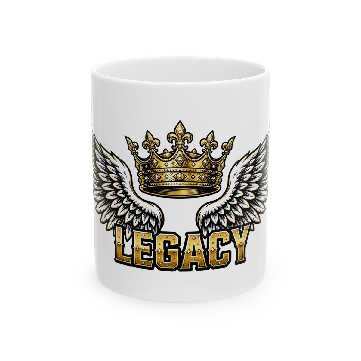 EverAfterWear Legacy Wings Crown mug - ceramic coffee mug mockup with gold streetwear design
