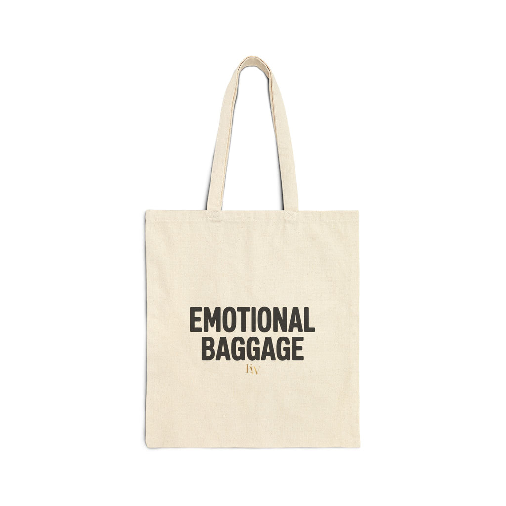 EverAfterWear Emotional Baggage tote bag - product mockup with gold streetwear design
