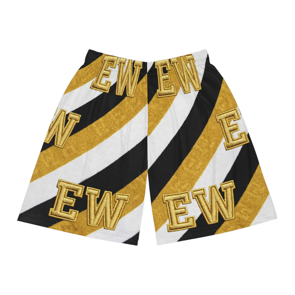 EverAfterWear Varsity EW basketball shorts - product mockup with gold streetwear design