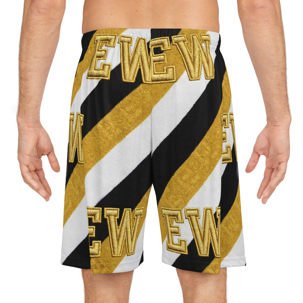 EverAfterWear Varsity EW basketball shorts - product mockup with gold streetwear design - alternate view