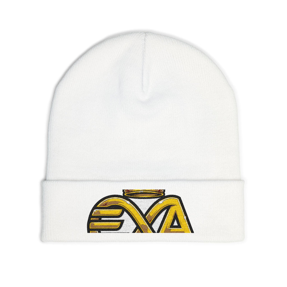 EverAfterWear HERO Crown EA Logo beanie - headwear mockup with gold streetwear design - alternate view
