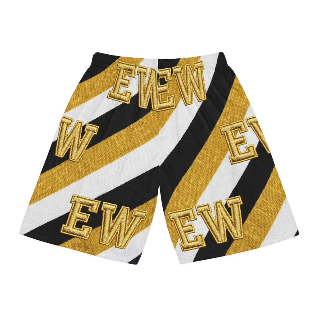 EverAfterWear Varsity EW basketball shorts - product mockup with gold streetwear design - alternate view