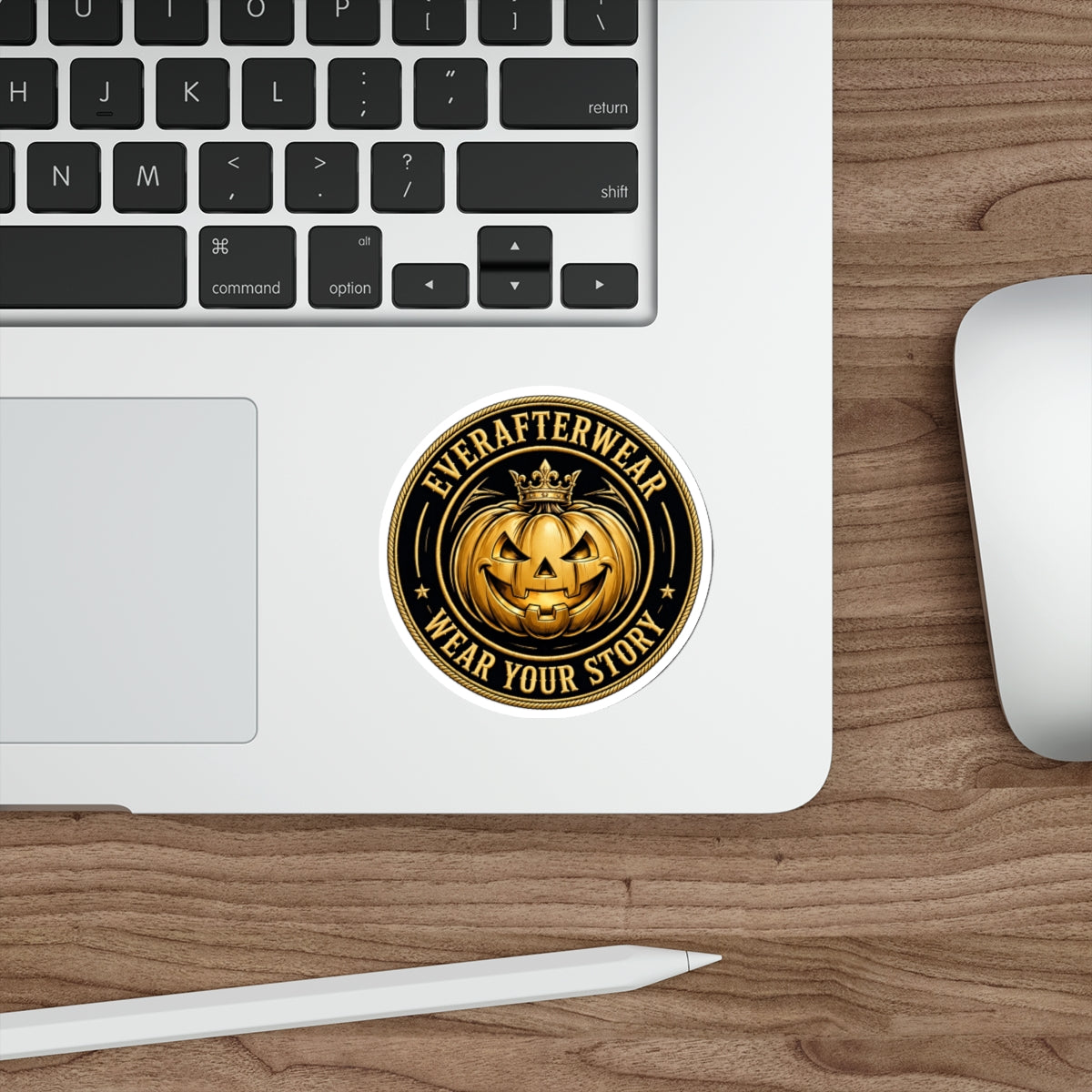 EverAfterWear Halloween Pumpkin Badge sticker - product mockup with gold streetwear design - alternate view