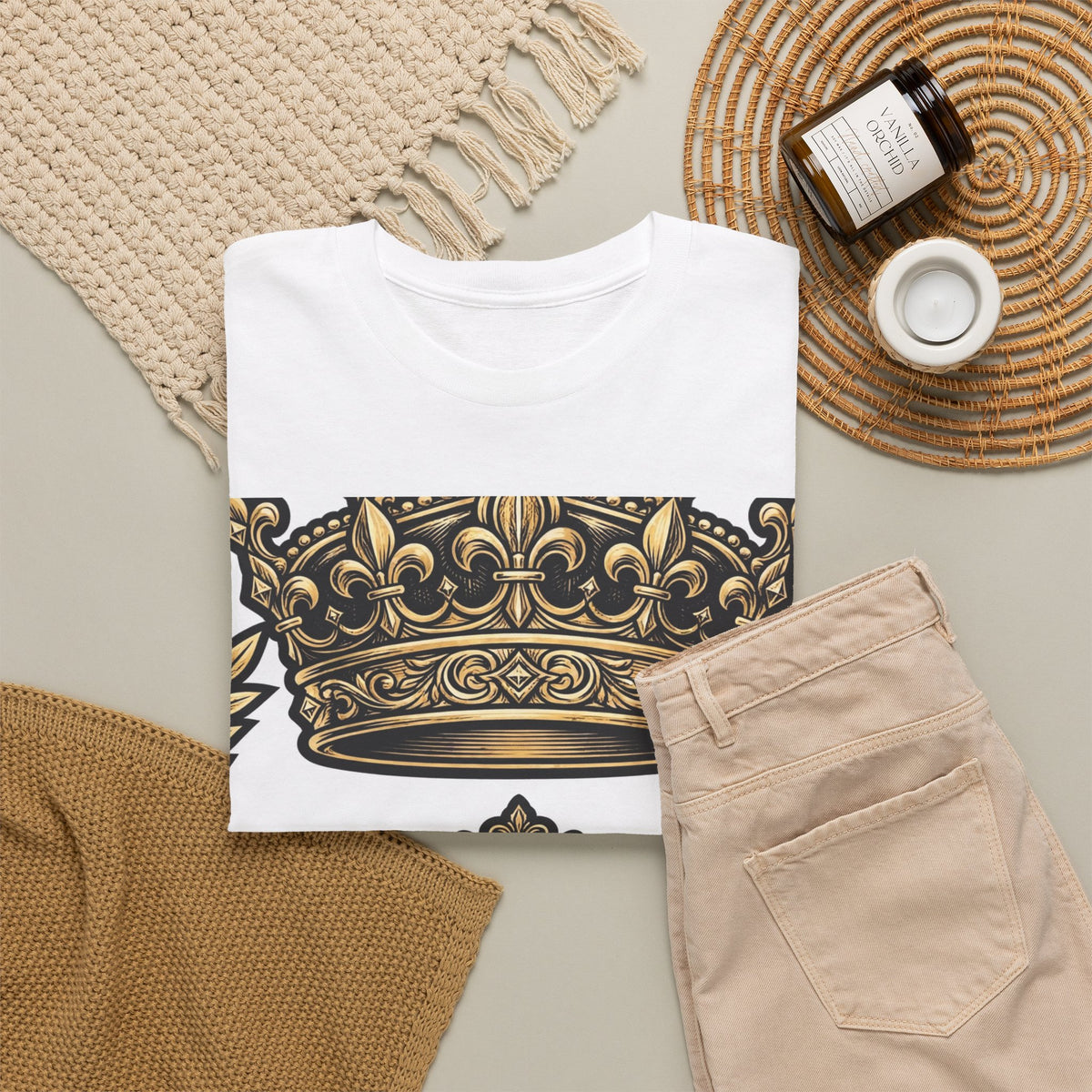 EverAfterWear Gold Crown Laurel Men's tee - product mockup with gold streetwear design - alternate view