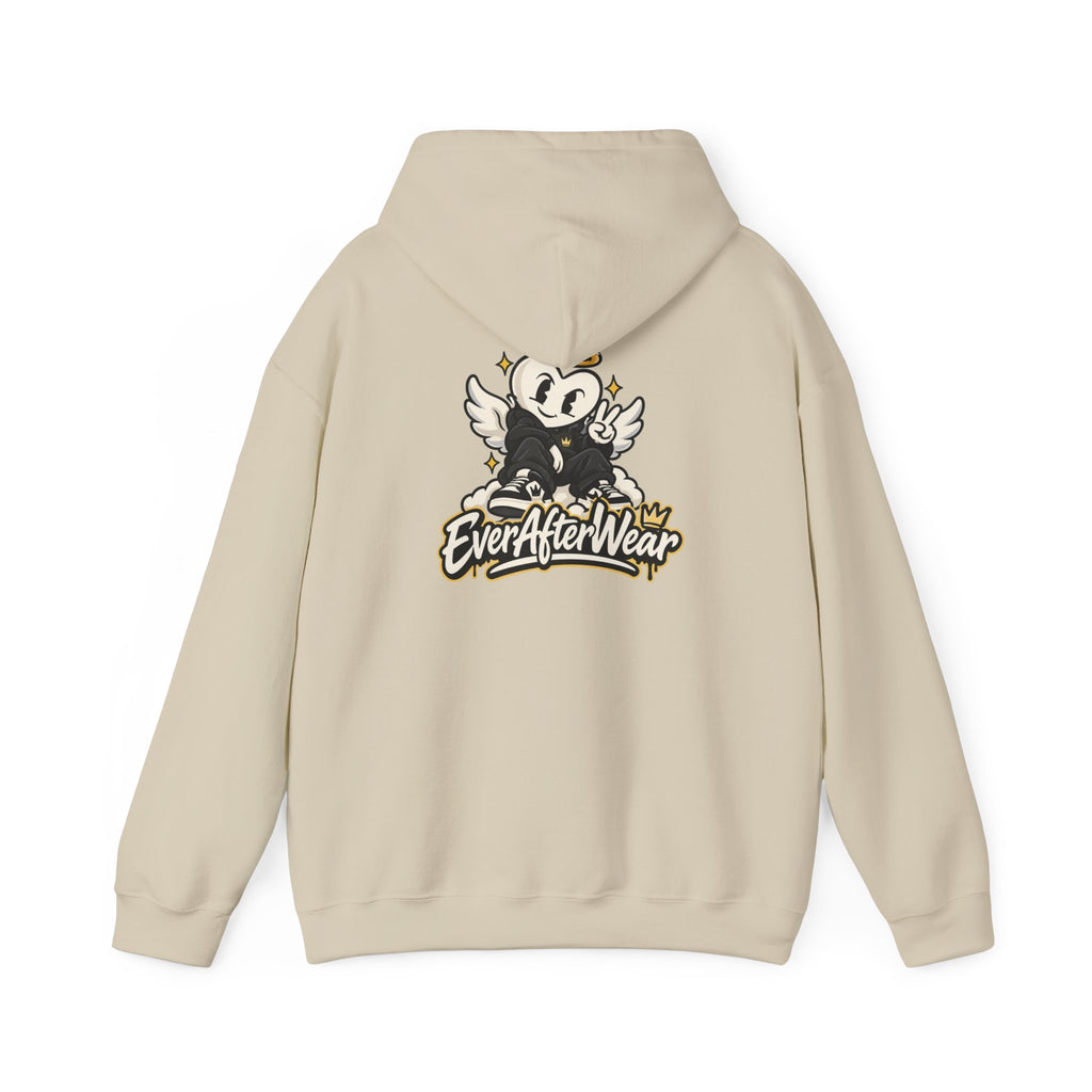 EverAfterWear Retro Cartoon Hoodie — Winged Character Logo hoodie - product mockup with gold streetwear design - alternate vi