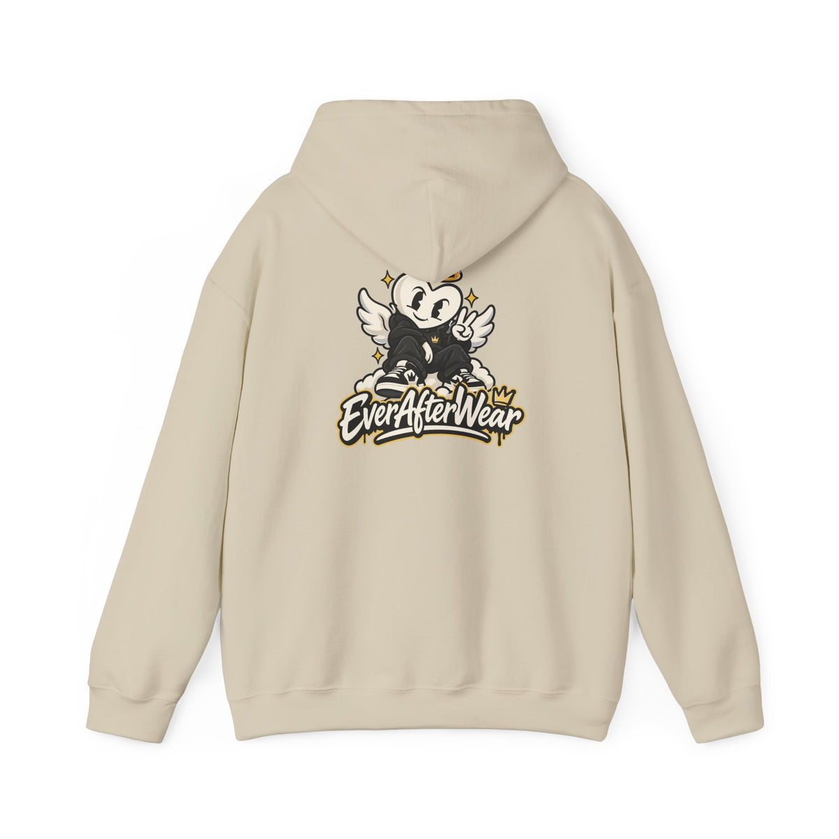 EverAfterWear Retro Cartoon Hoodie — Winged Character Logo hoodie - product mockup with gold streetwear design - alternate vi