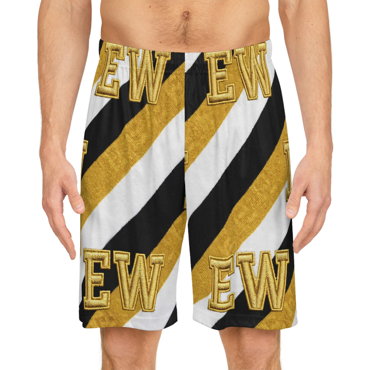 EverAfterWear Varsity EW basketball shorts - product mockup with gold streetwear design - alternate view
