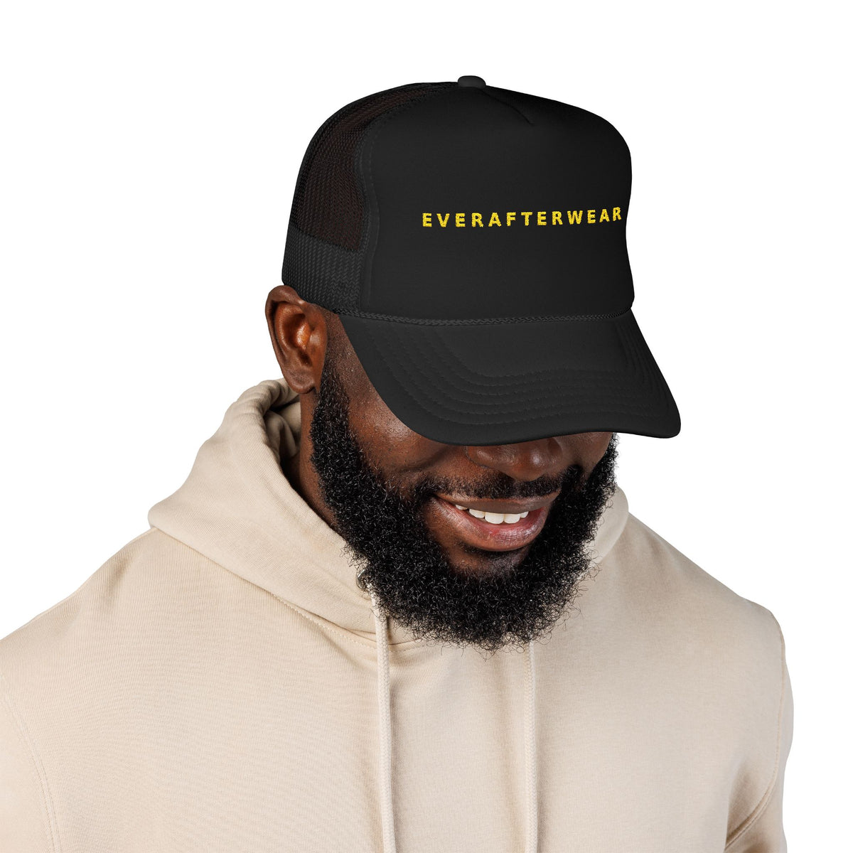 EverAfterWear Gold Wordmark trucker hat - headwear mockup with gold streetwear design - alternate view