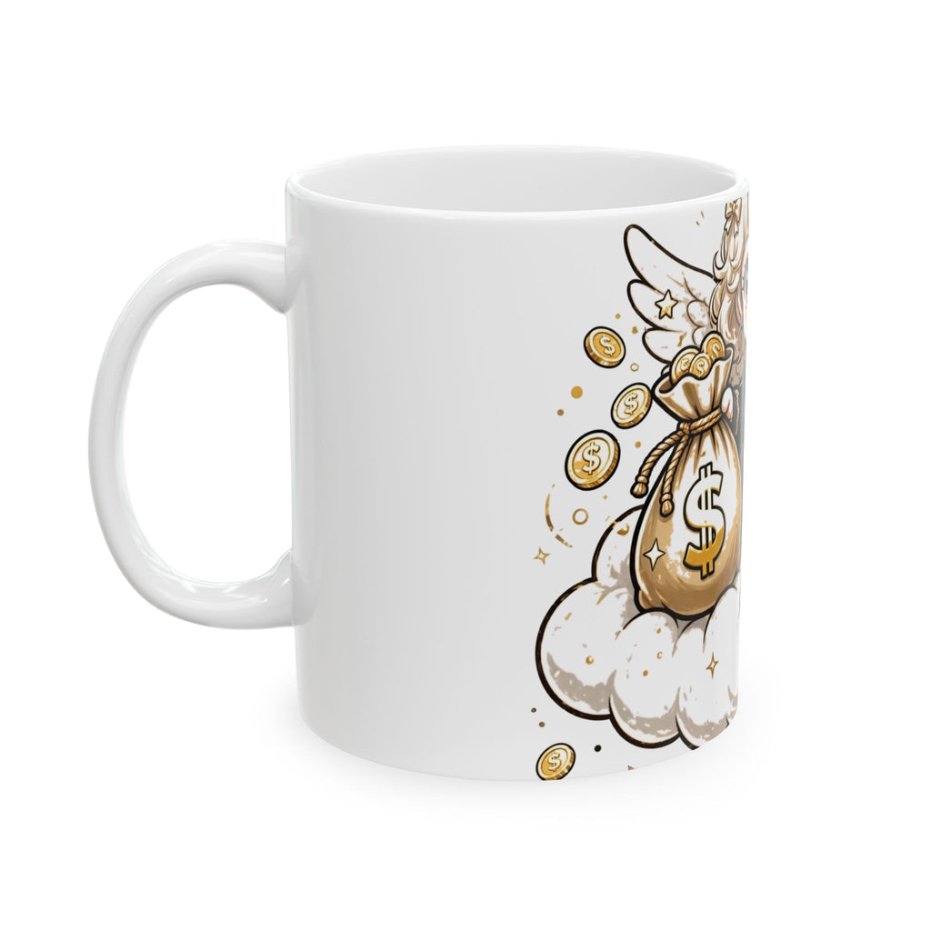EverAfterWear Heavenly Hustle Angel Women's mug - ceramic coffee mug mockup with gold streetwear design - alternate view