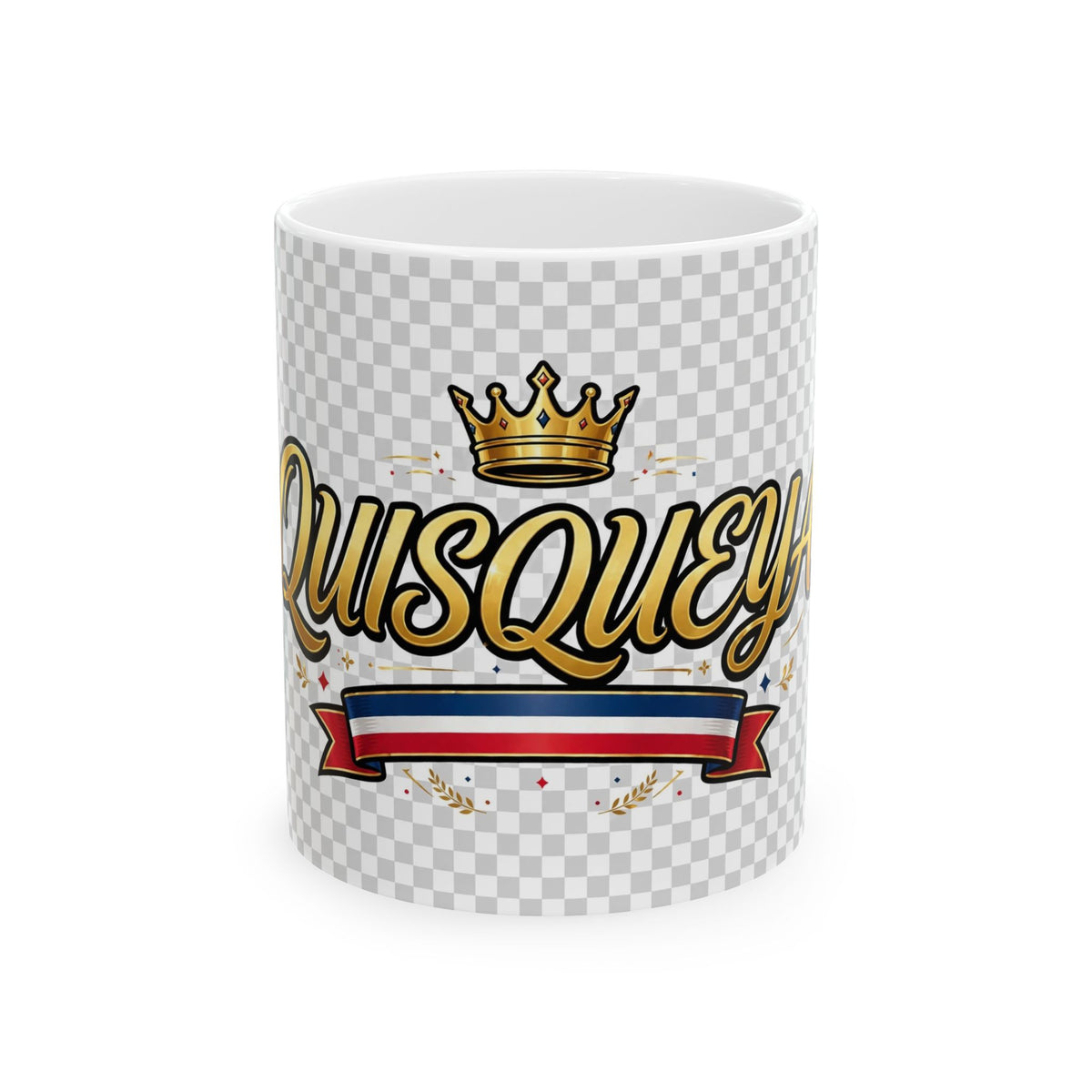 EverAfterWear Quisqueya Script Crown mug - ceramic coffee mug mockup with gold streetwear design