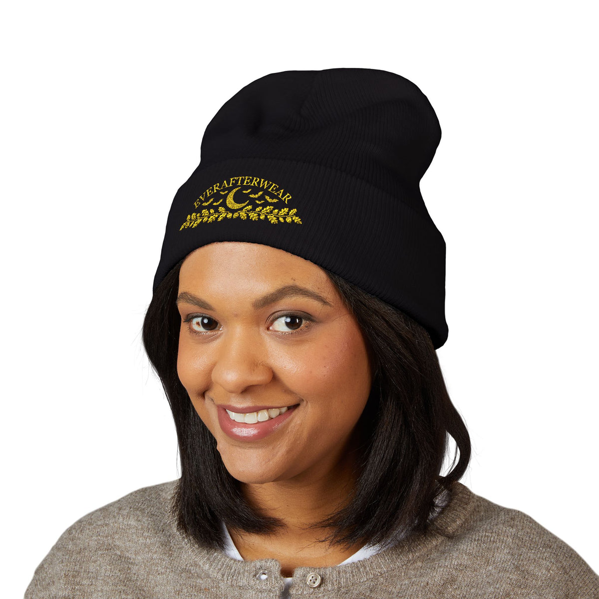EverAfterWear Halloween Moon beanie - headwear mockup with gold streetwear design - alternate view