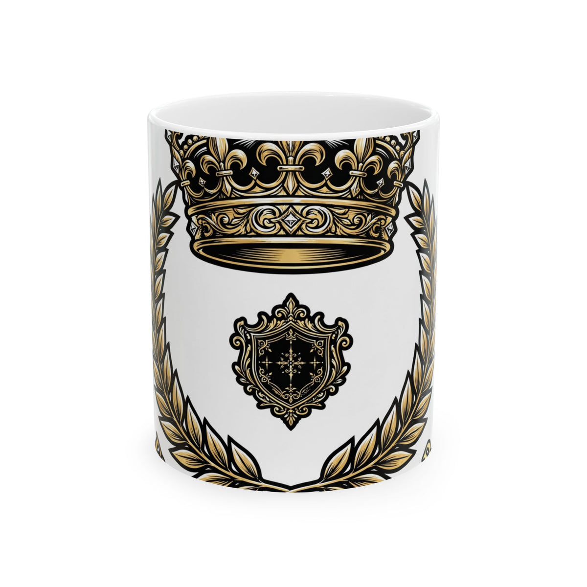 EverAfterWear Gold Crown Laurel mug - ceramic coffee mug mockup with gold streetwear design