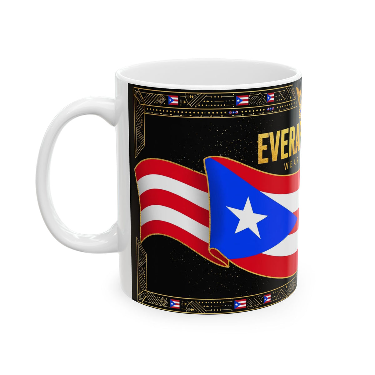 EverAfterWear Puerto Rico Flag mug - ceramic coffee mug mockup with gold streetwear design - alternate view