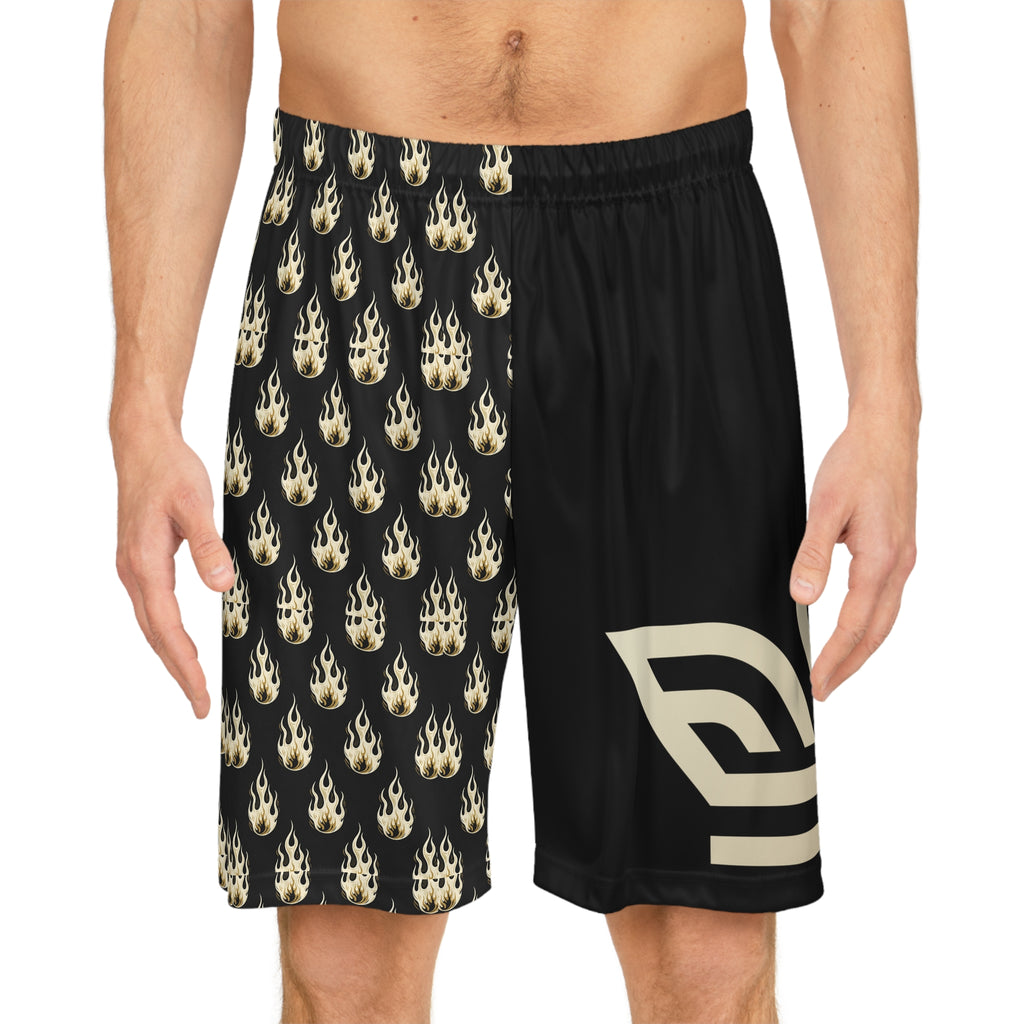 EverAfterWear Gold Flames basketball shorts - product mockup with gold streetwear design - alternate view