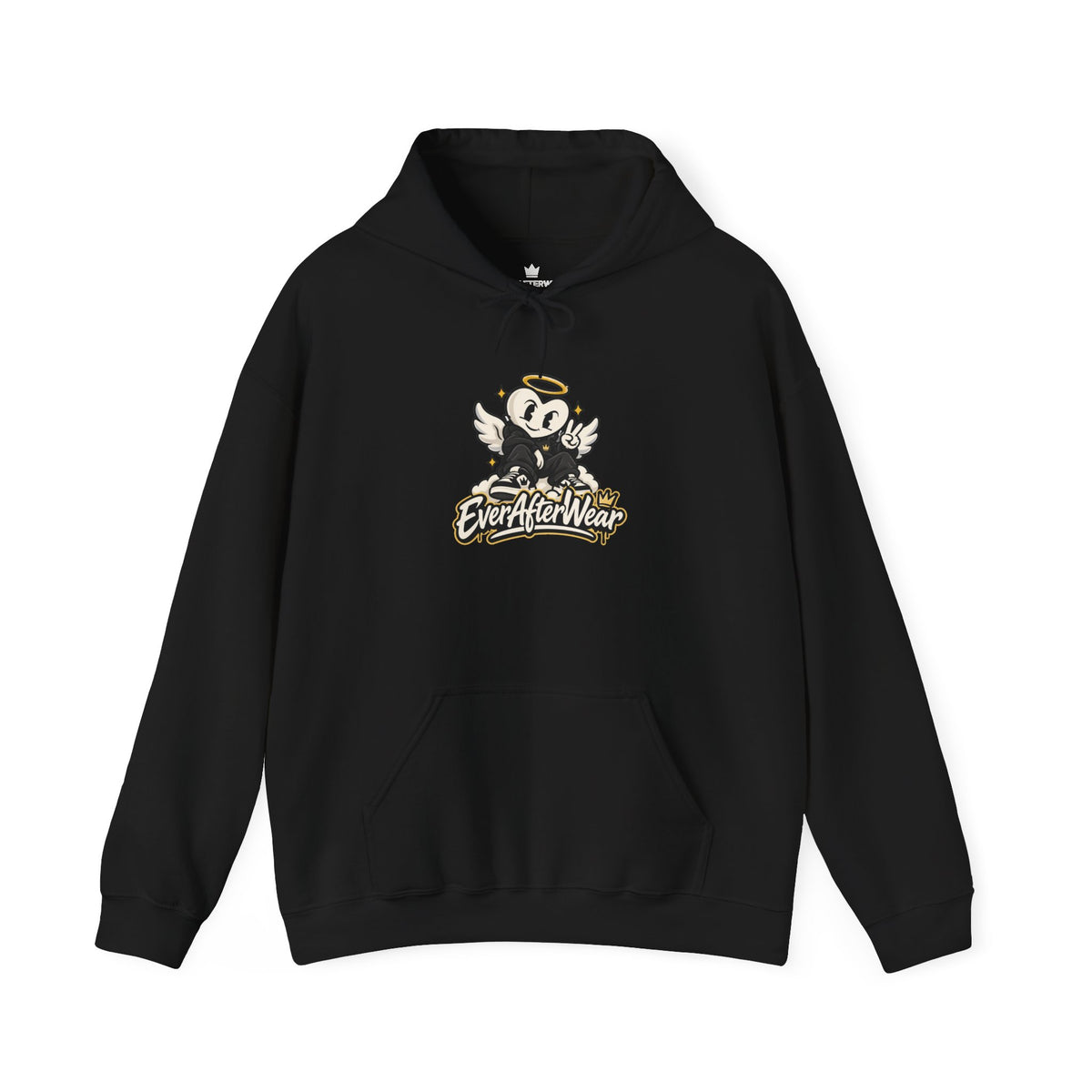EverAfterWear Retro Cartoon Hoodie — Winged Character Logo hoodie - product mockup with gold streetwear design