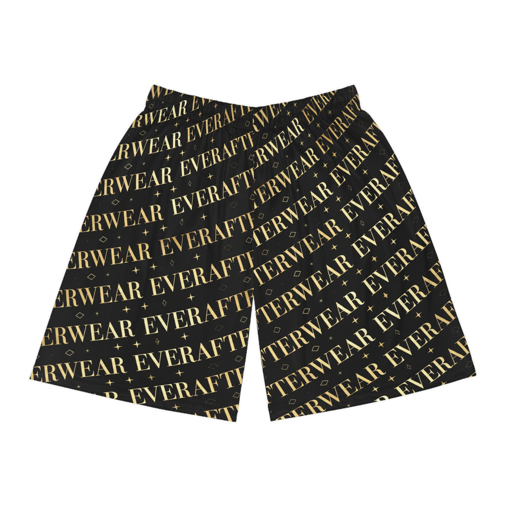 EverAfterWear Gold Text basketball shorts - product mockup with gold streetwear design