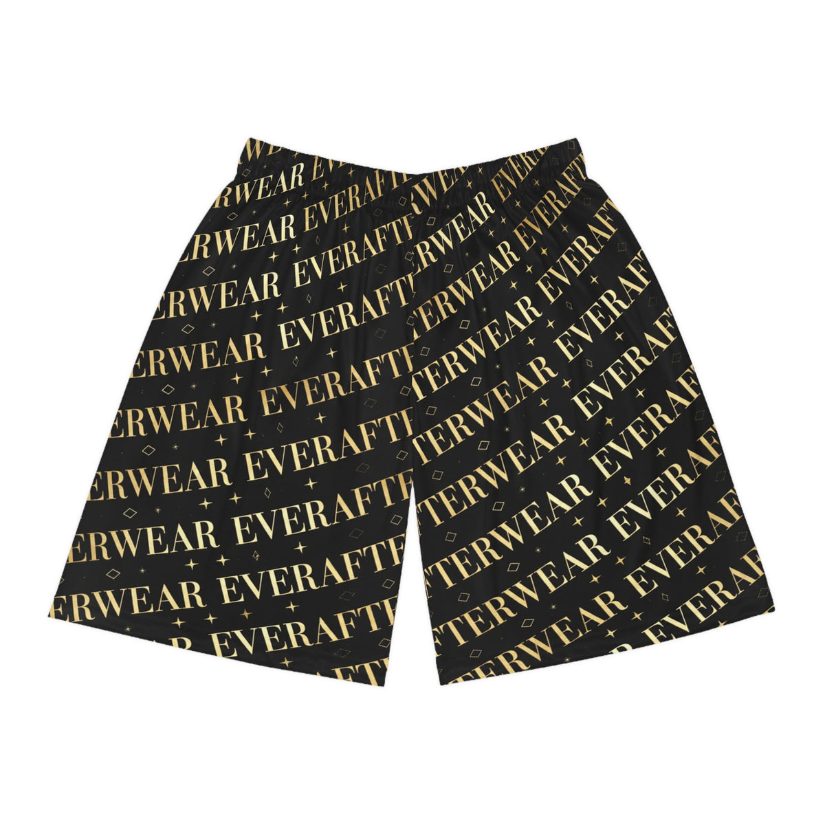 EverAfterWear Gold Text basketball shorts - product mockup with gold streetwear design