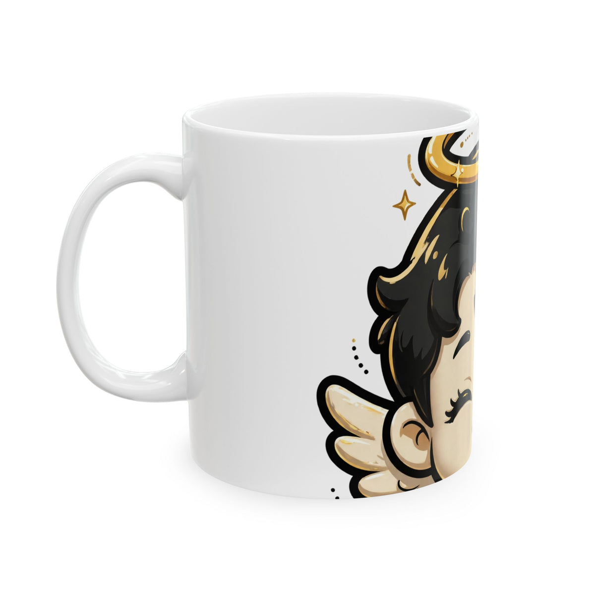EverAfterWear Lil Angel mug - ceramic coffee mug mockup with gold streetwear design - alternate view