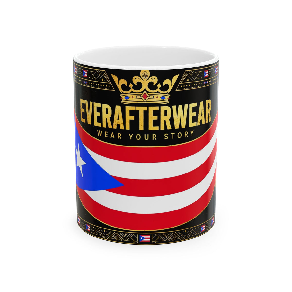EverAfterWear Puerto Rico Flag mug - ceramic coffee mug mockup with gold streetwear design