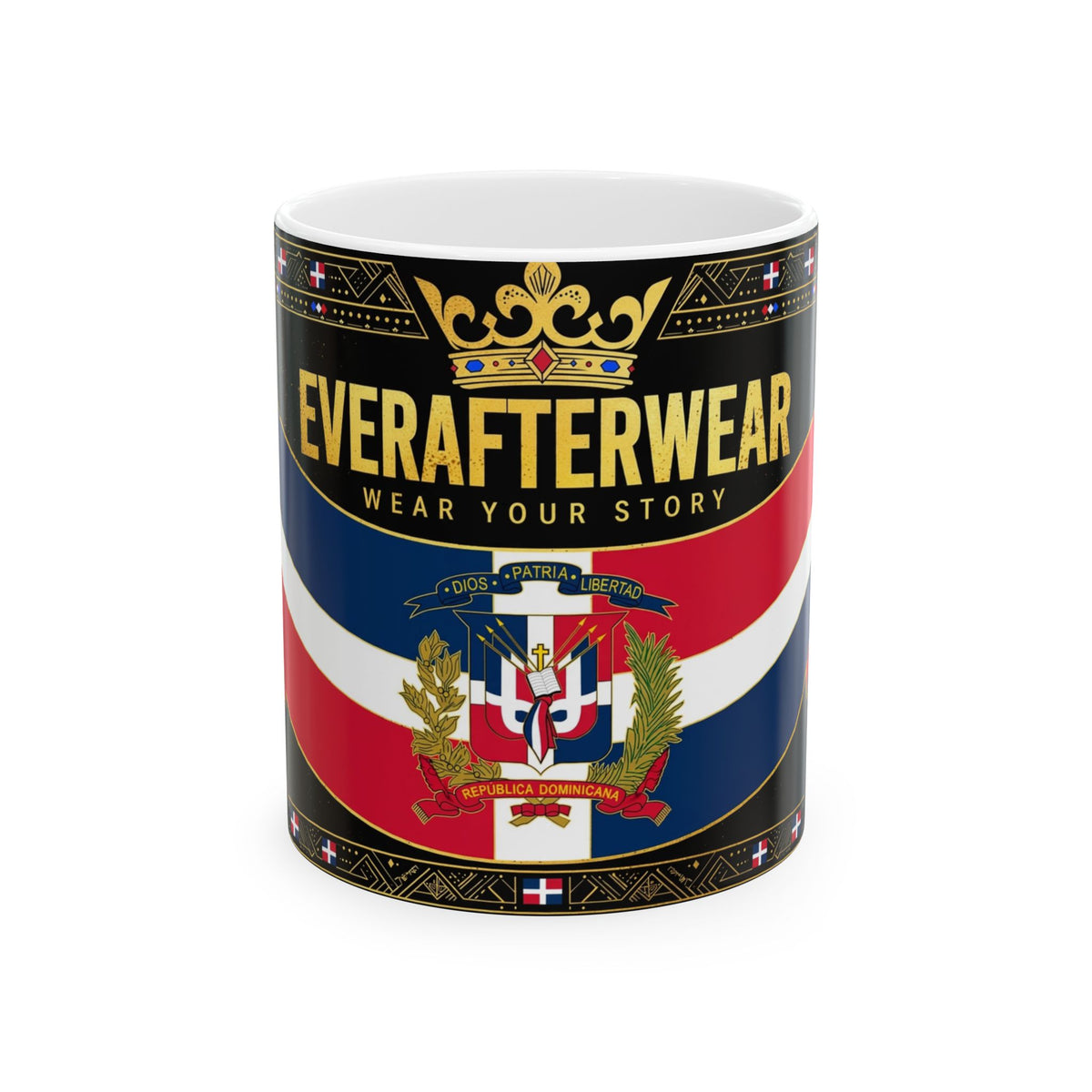 EverAfterWear Dominican Republic Flag mug - ceramic coffee mug mockup with gold streetwear design