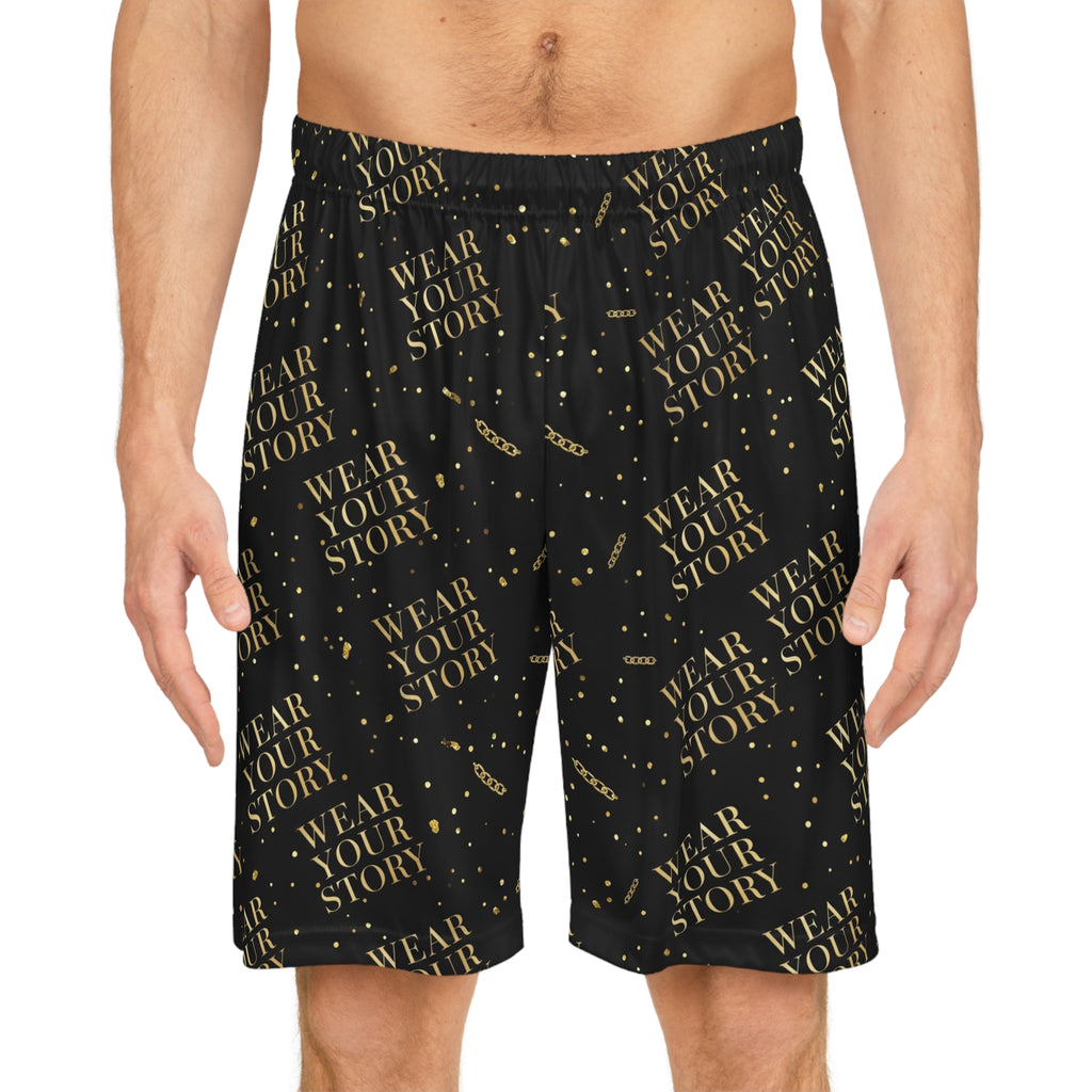 EverAfterWear Wear Your Story basketball shorts - product mockup with gold streetwear design - alternate view
