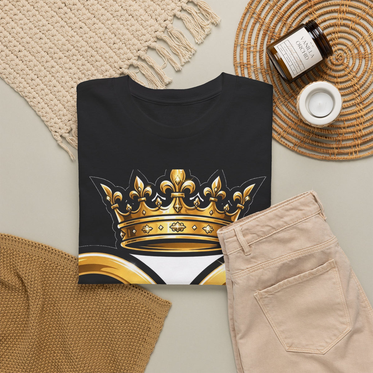 EverAfterWear HERO Crown EA Logo tee - product mockup with gold streetwear design - alternate view