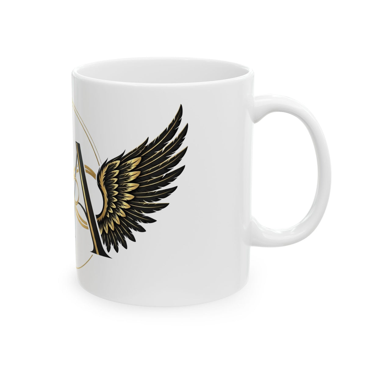 EverAfterWear Angel Wings Infinity mug - ceramic coffee mug mockup with gold streetwear design - alternate view