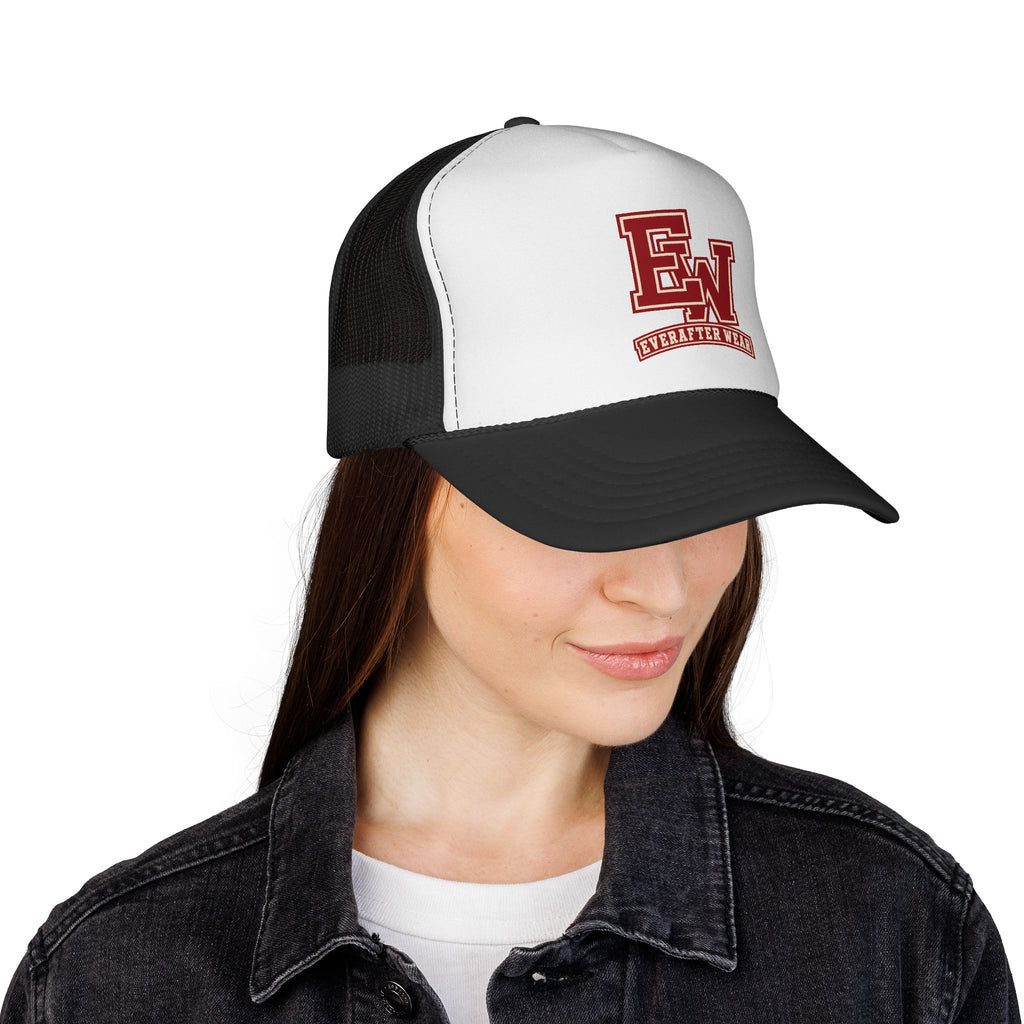 EverAfterWear Red Varsity EW trucker hat - headwear mockup with gold streetwear design - alternate view