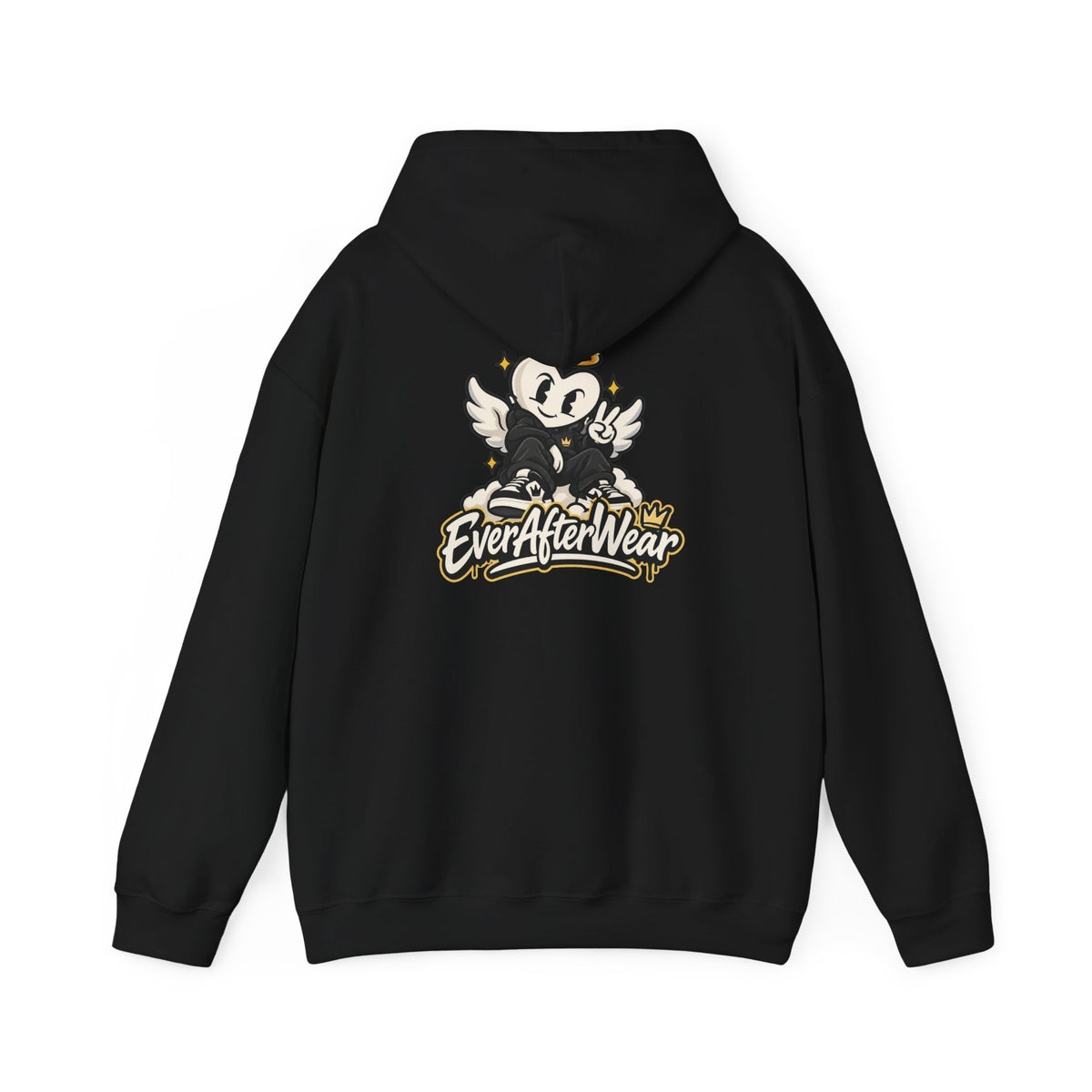 EverAfterWear Retro Cartoon Hoodie — Winged Character Logo hoodie - product mockup with gold streetwear design - alternate vi