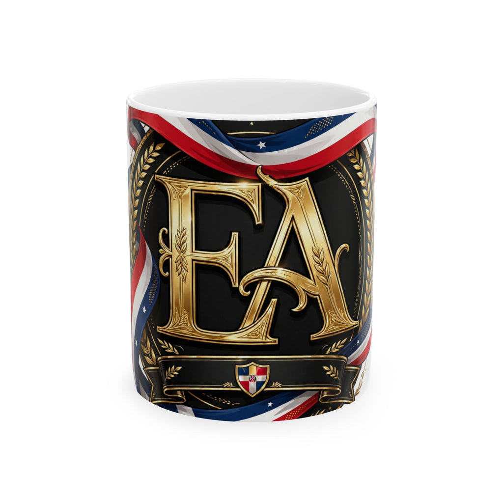 EverAfterWear Flag Ribbon EA mug - ceramic coffee mug mockup with gold streetwear design