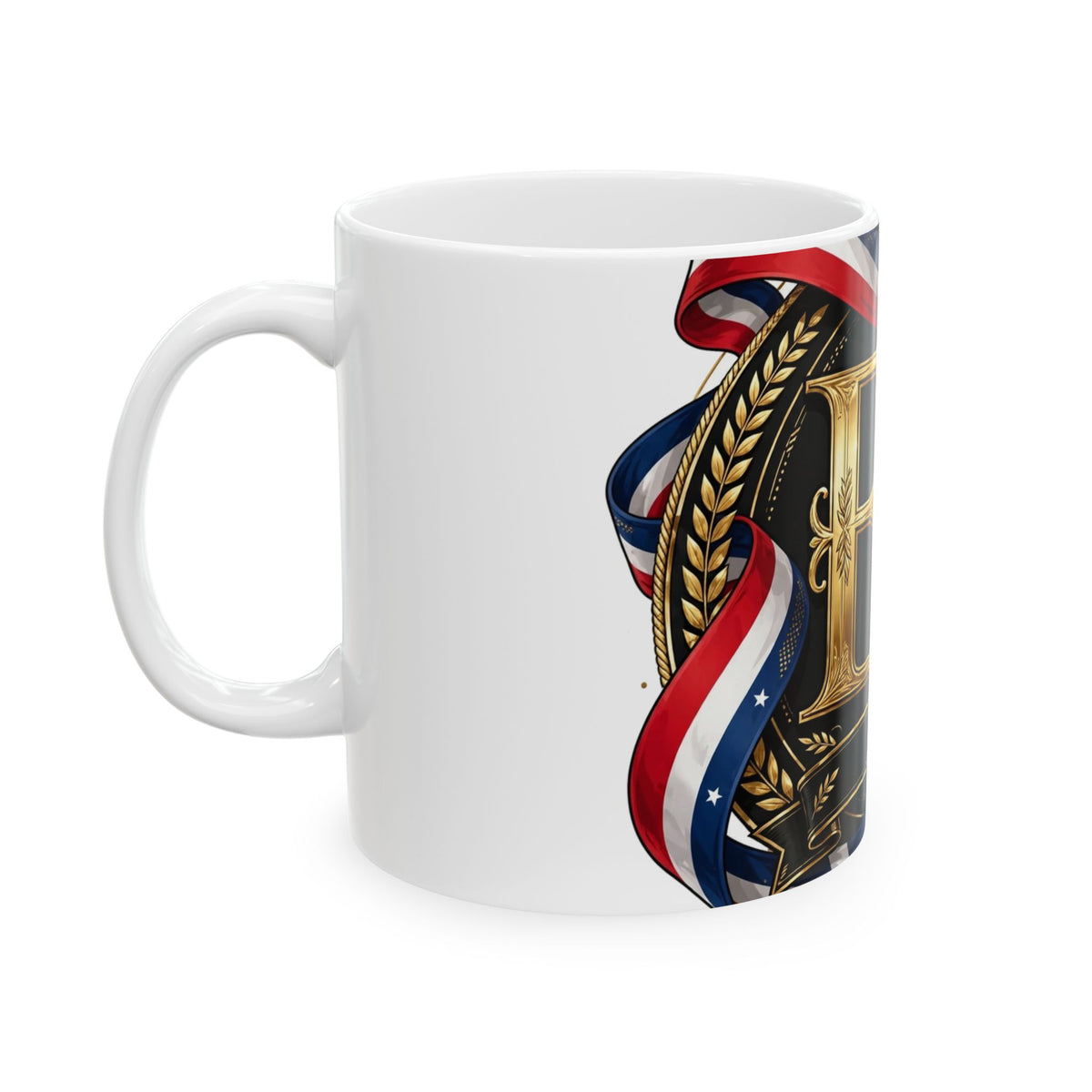 EverAfterWear Flag Ribbon EA mug - ceramic coffee mug mockup with gold streetwear design - alternate view