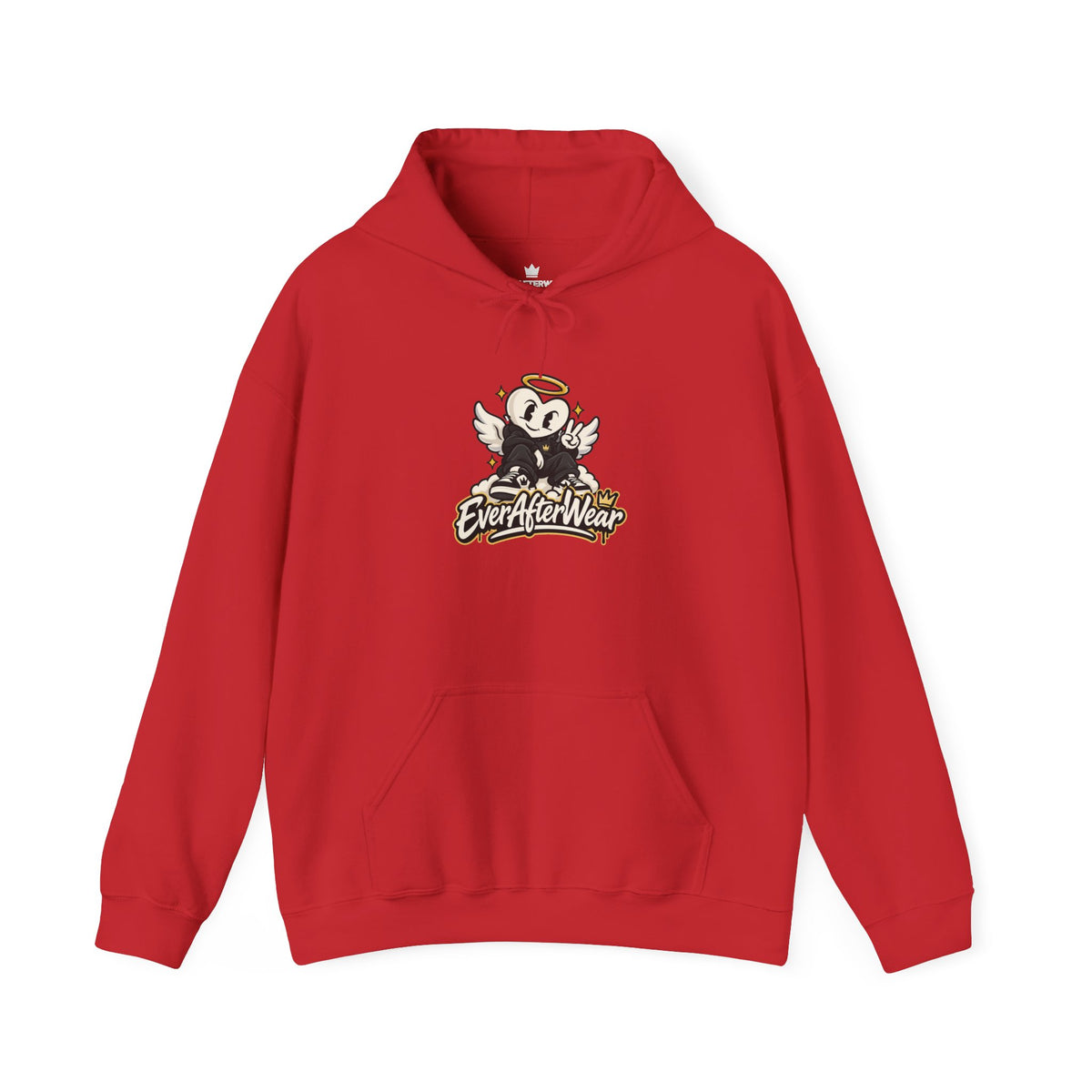 EverAfterWear Retro Cartoon Hoodie — Winged Character Logo hoodie - product mockup with gold streetwear design - alternate vi
