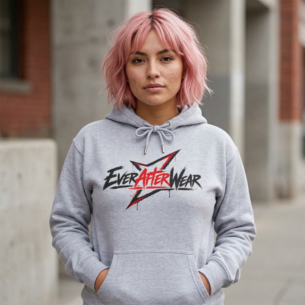 EverAfterWear Distressed Grey Graphic hoodie - product mockup with gold streetwear design