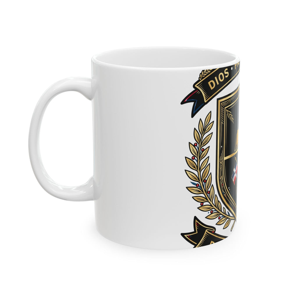 EverAfterWear Dominican Shield Noir mug - ceramic coffee mug mockup with gold streetwear design - alternate view