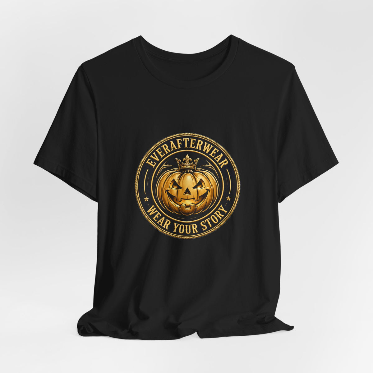 EverAfterWear Pumpkin Badge Tee – Halloween Edition tee - product mockup with gold streetwear design - alternate view