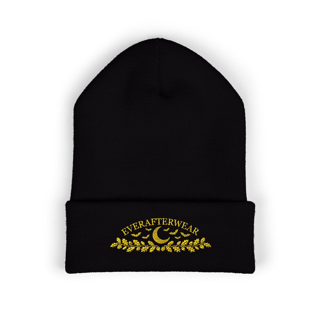 EverAfterWear Halloween Moon beanie - headwear mockup with gold streetwear design