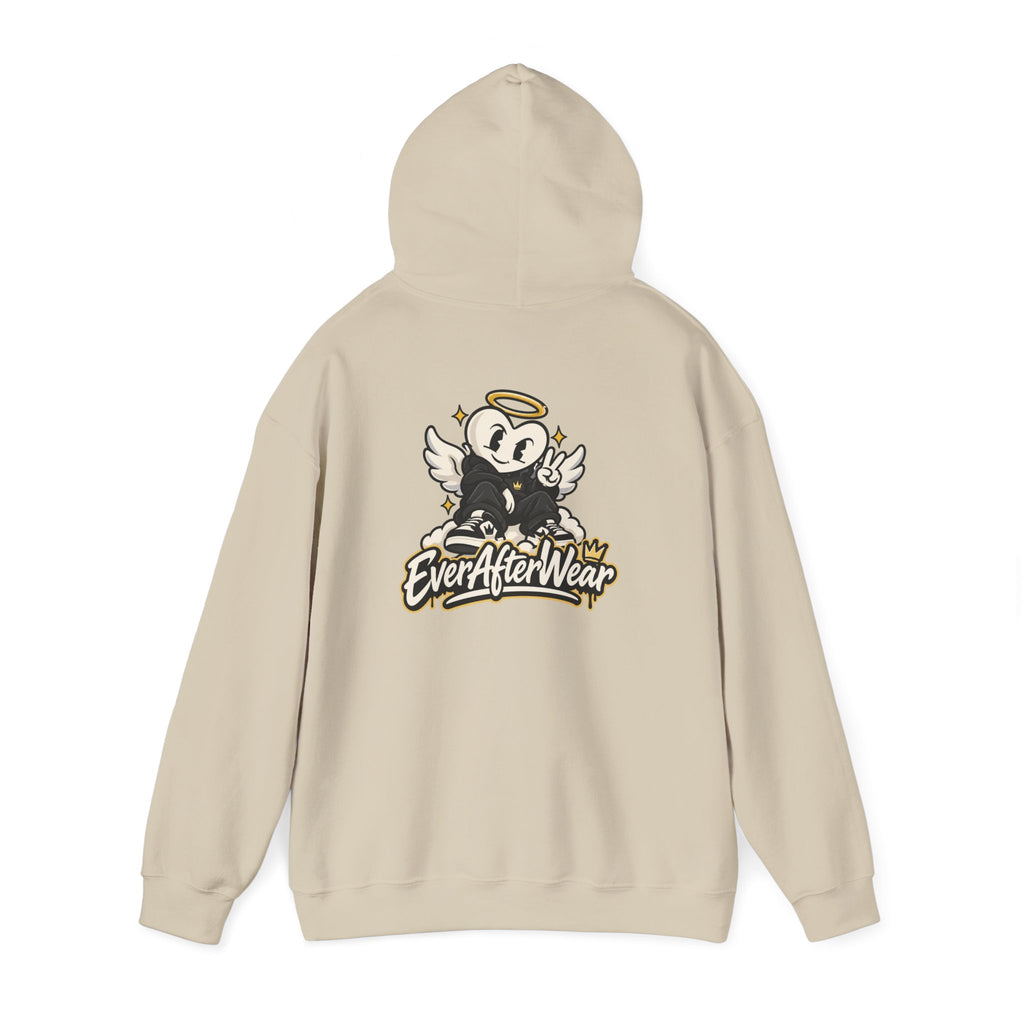 EverAfterWear Retro Cartoon Hoodie — Winged Character Logo hoodie - product mockup with gold streetwear design - alternate vi
