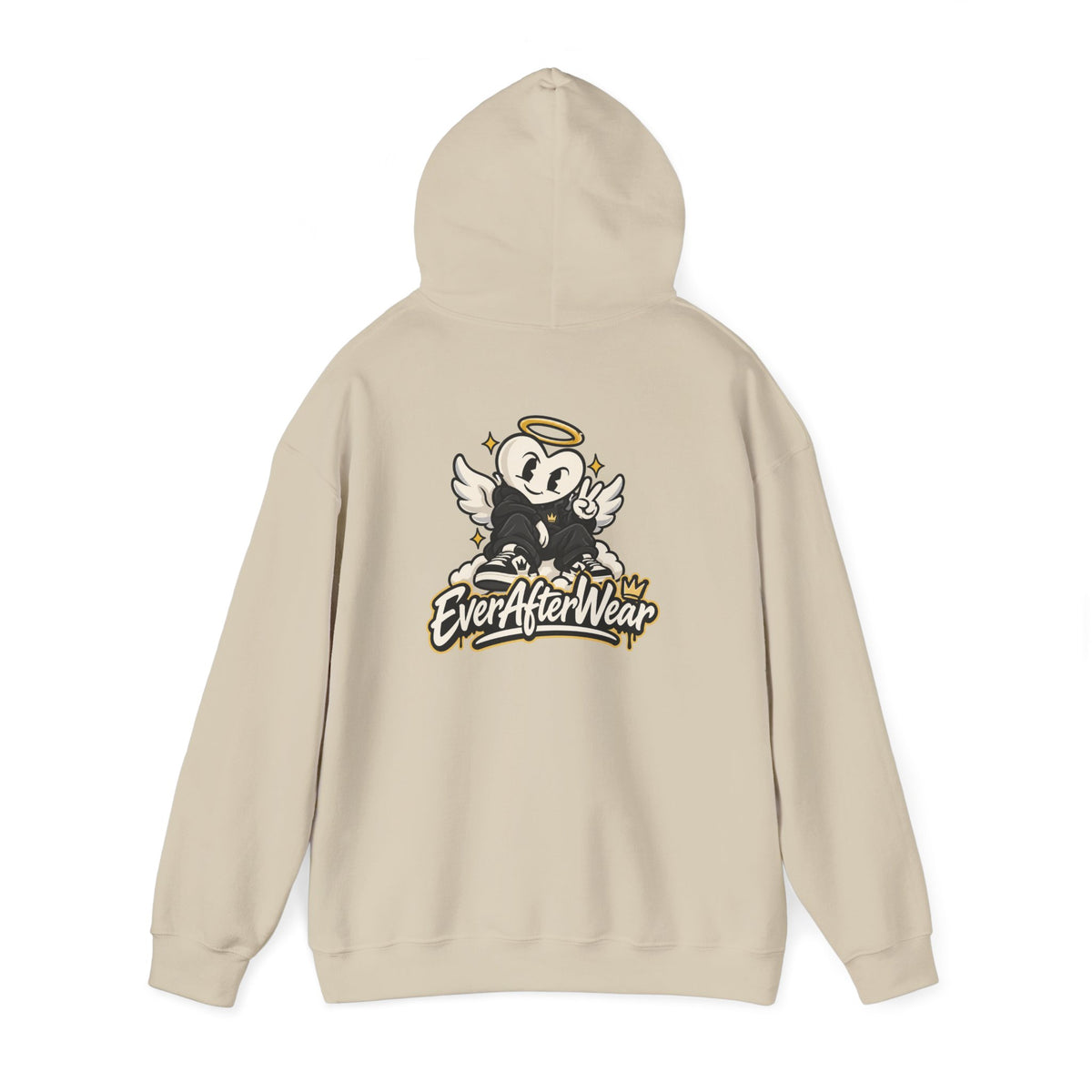 EverAfterWear Retro Cartoon Hoodie — Winged Character Logo hoodie - product mockup with gold streetwear design - alternate vi