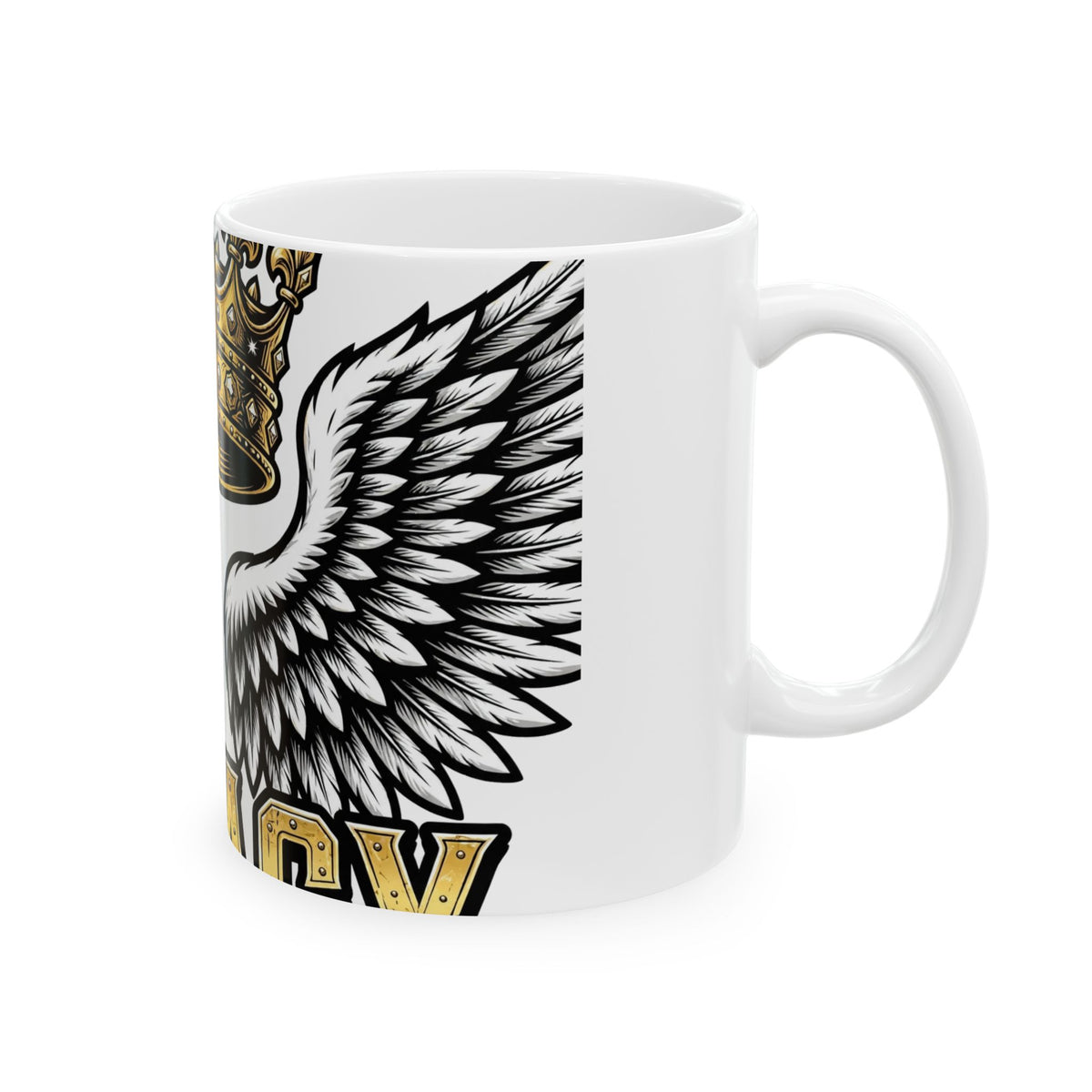 EverAfterWear Legacy Wings Crown Men's mug - ceramic coffee mug mockup with gold streetwear design - alternate view