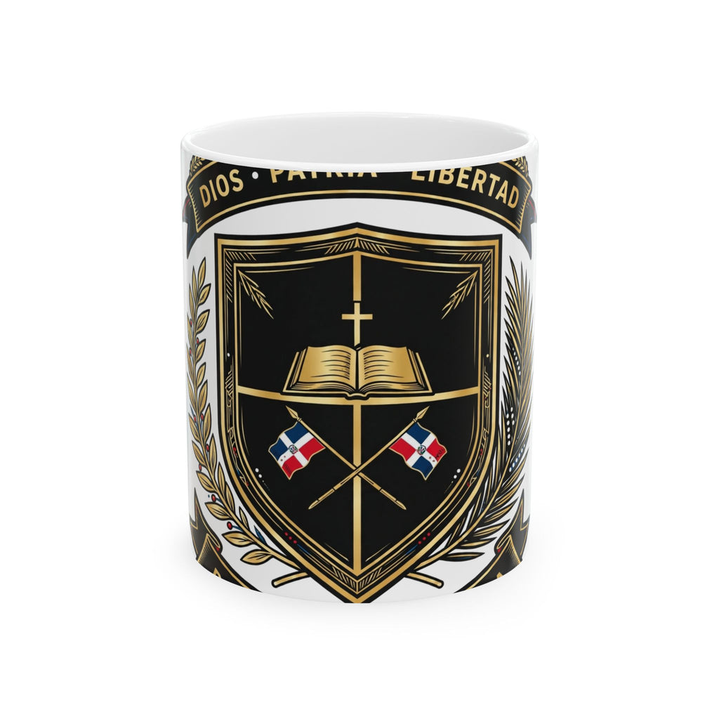 EverAfterWear Dominican Shield Noir mug - ceramic coffee mug mockup with gold streetwear design