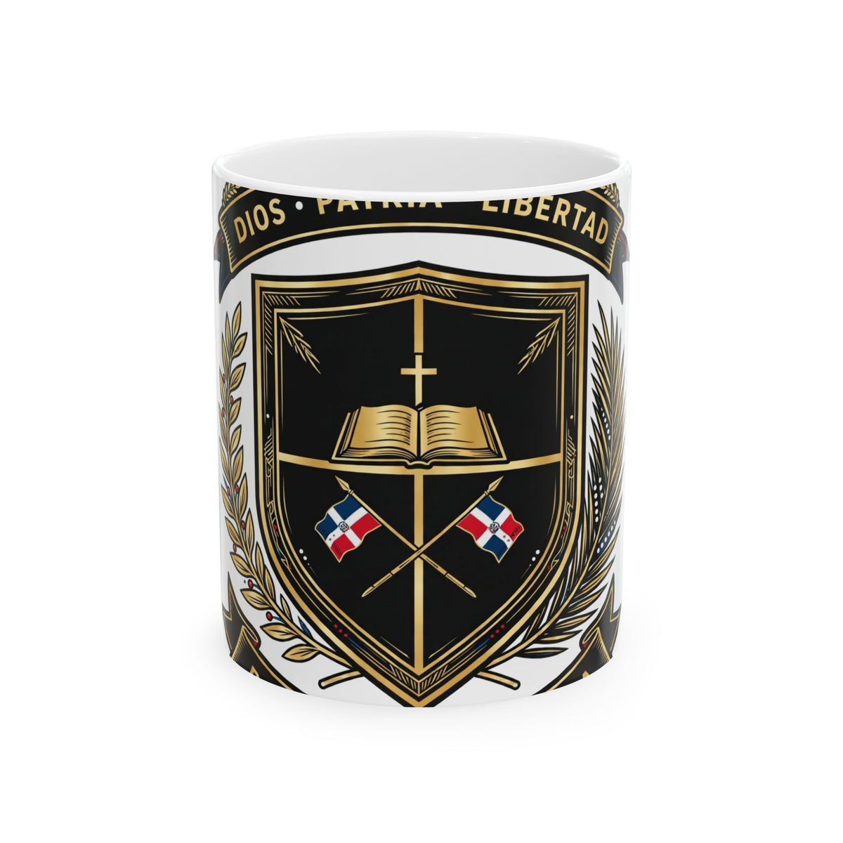 EverAfterWear Dominican Shield Noir mug - ceramic coffee mug mockup with gold streetwear design