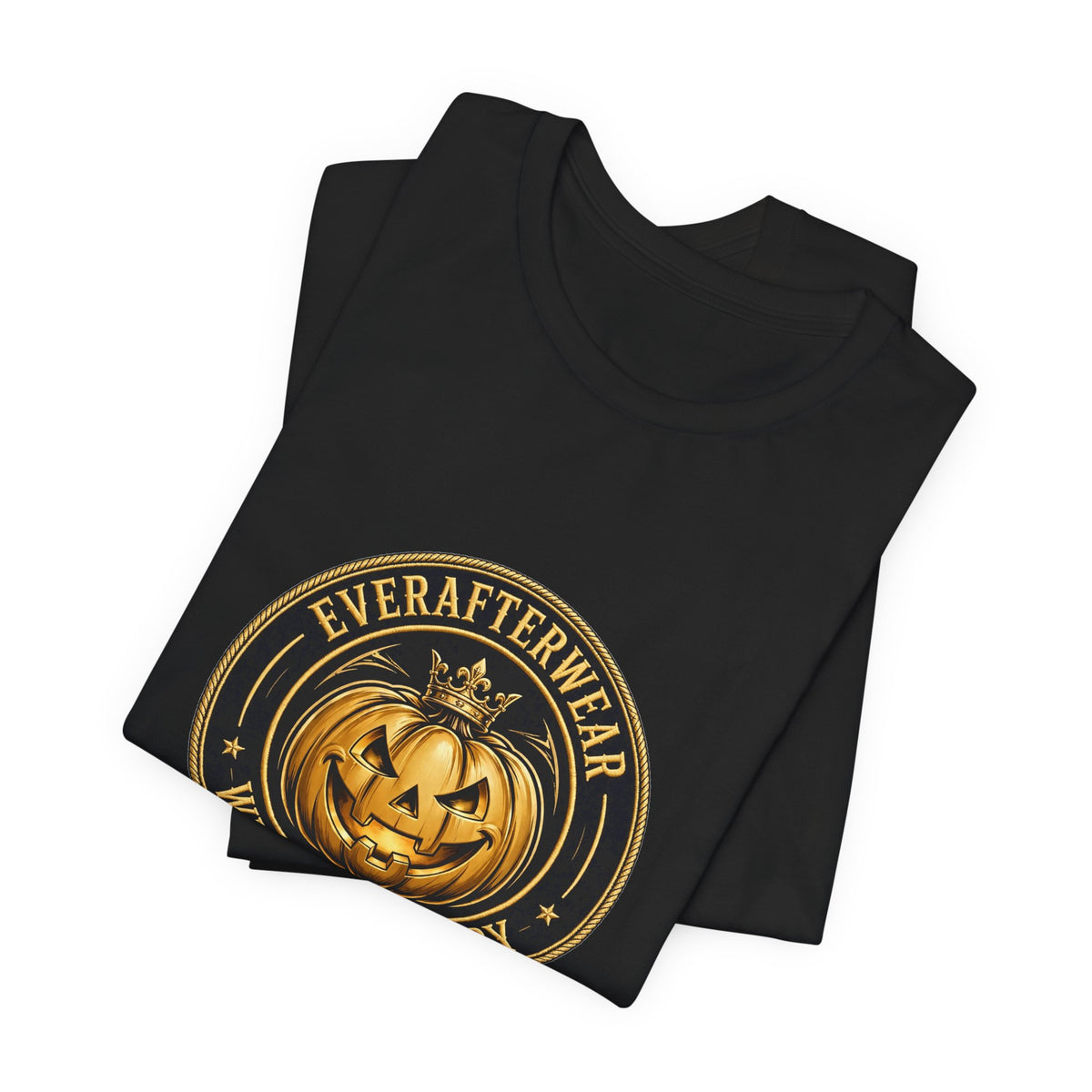 EverAfterWear Pumpkin Badge Tee – Halloween Edition tee - product mockup with gold streetwear design - alternate view