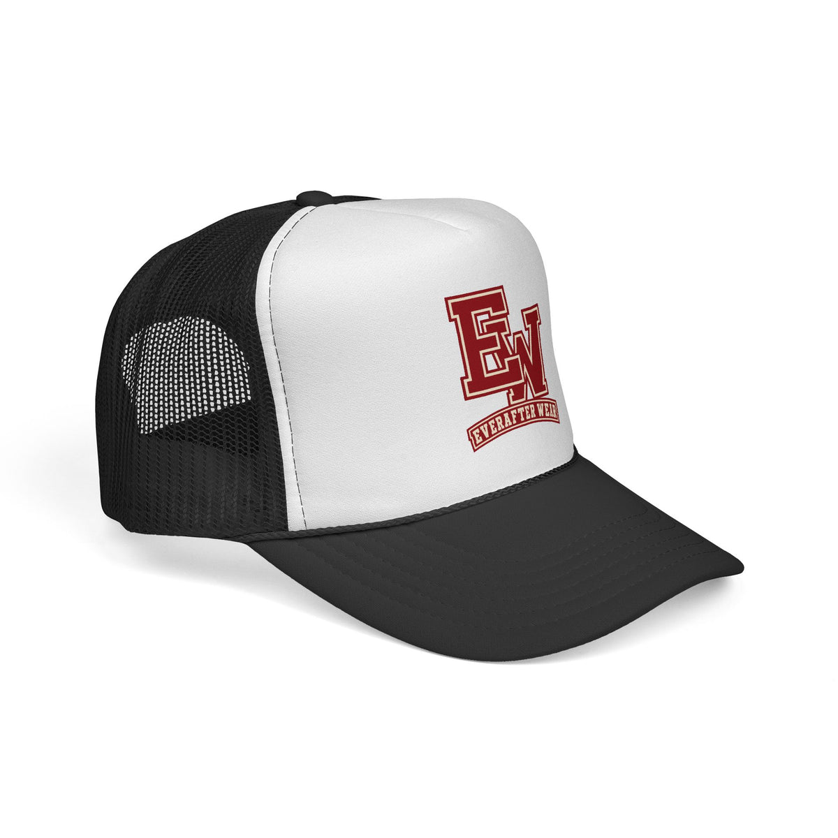 EverAfterWear Red Varsity EW trucker hat - headwear mockup with gold streetwear design - alternate view
