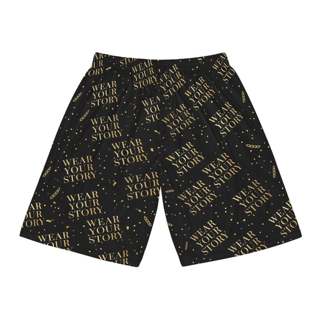 EverAfterWear Wear Your Story basketball shorts - product mockup with gold streetwear design - alternate view