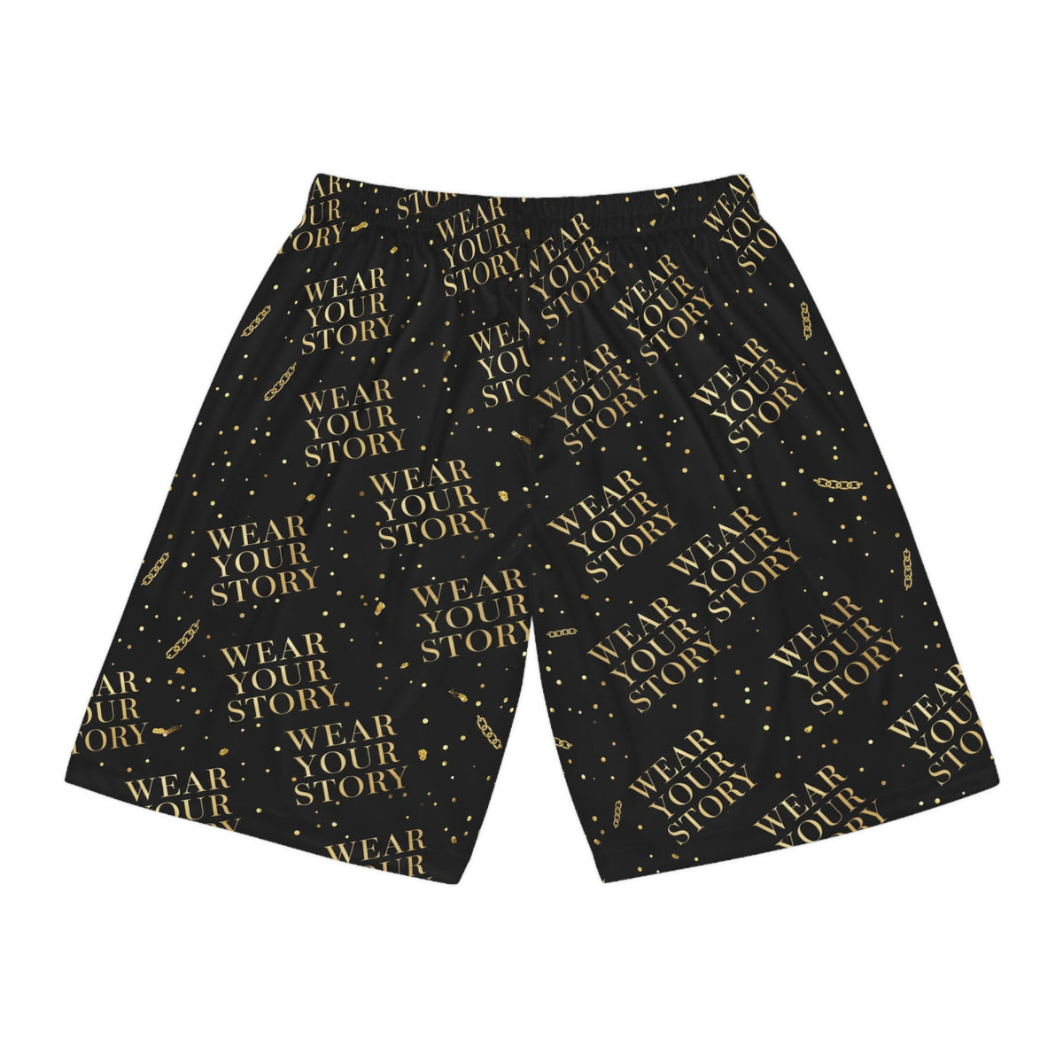 EverAfterWear Wear Your Story basketball shorts - product mockup with gold streetwear design - alternate view