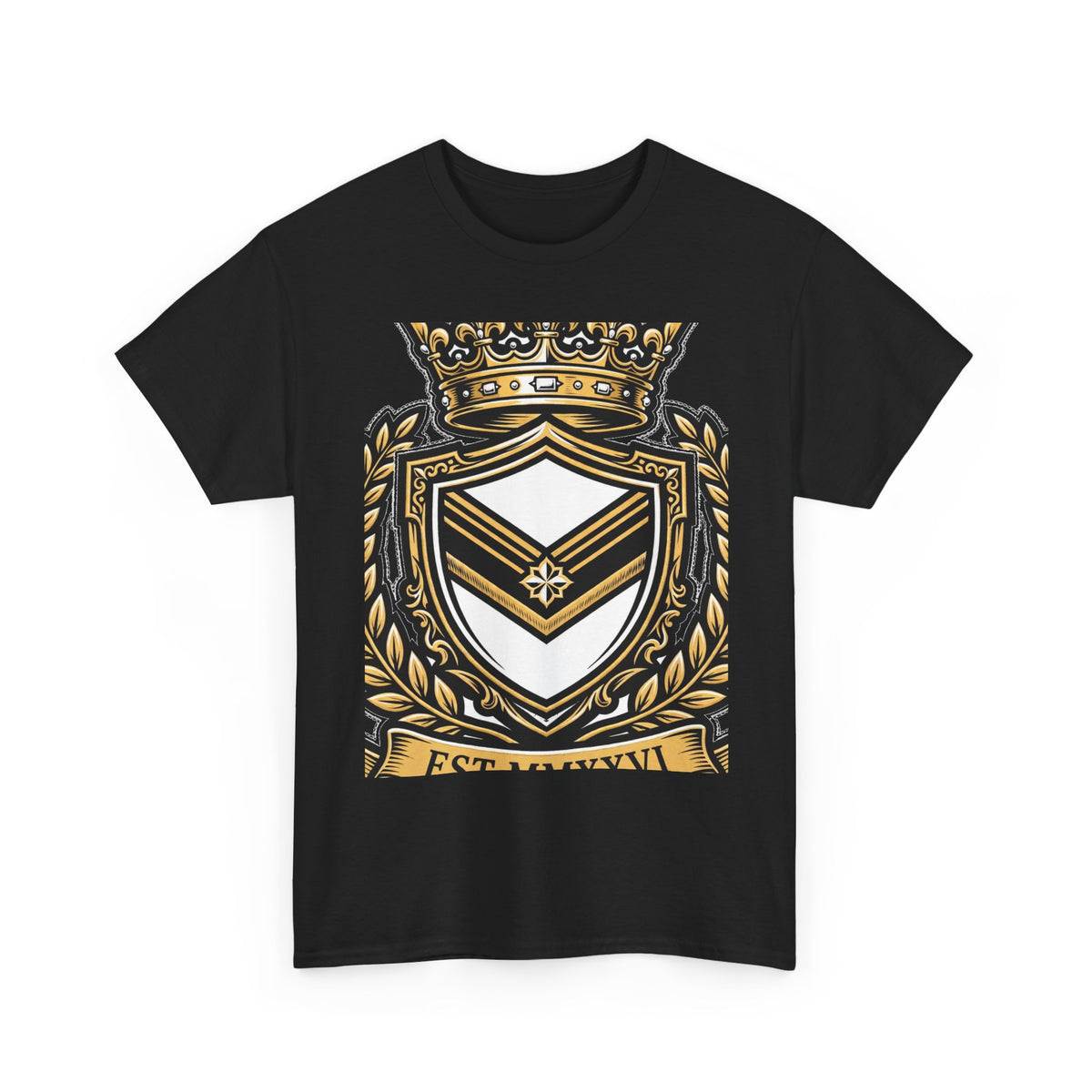 EverAfterWear Royal Crest MMXXVI tee - product mockup with gold streetwear design - alternate view
